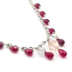 Dainty Silver Tone Necklace Red Glass and Crystal Beads Dangle‎